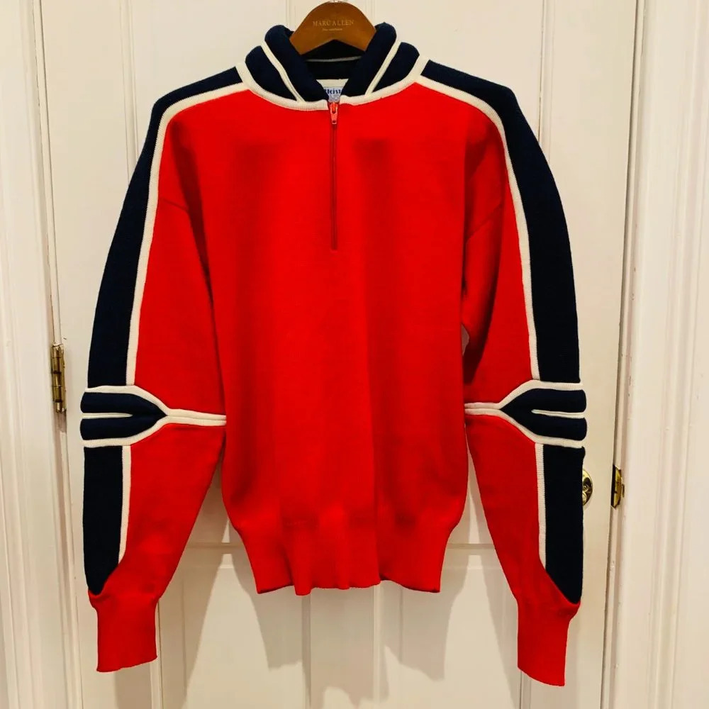 Vintage Meister Sweater Ski Acrylic Wool Blend Blue Navy Red 1/4 Zip Men MEDIUM - Picture 10 of 16
